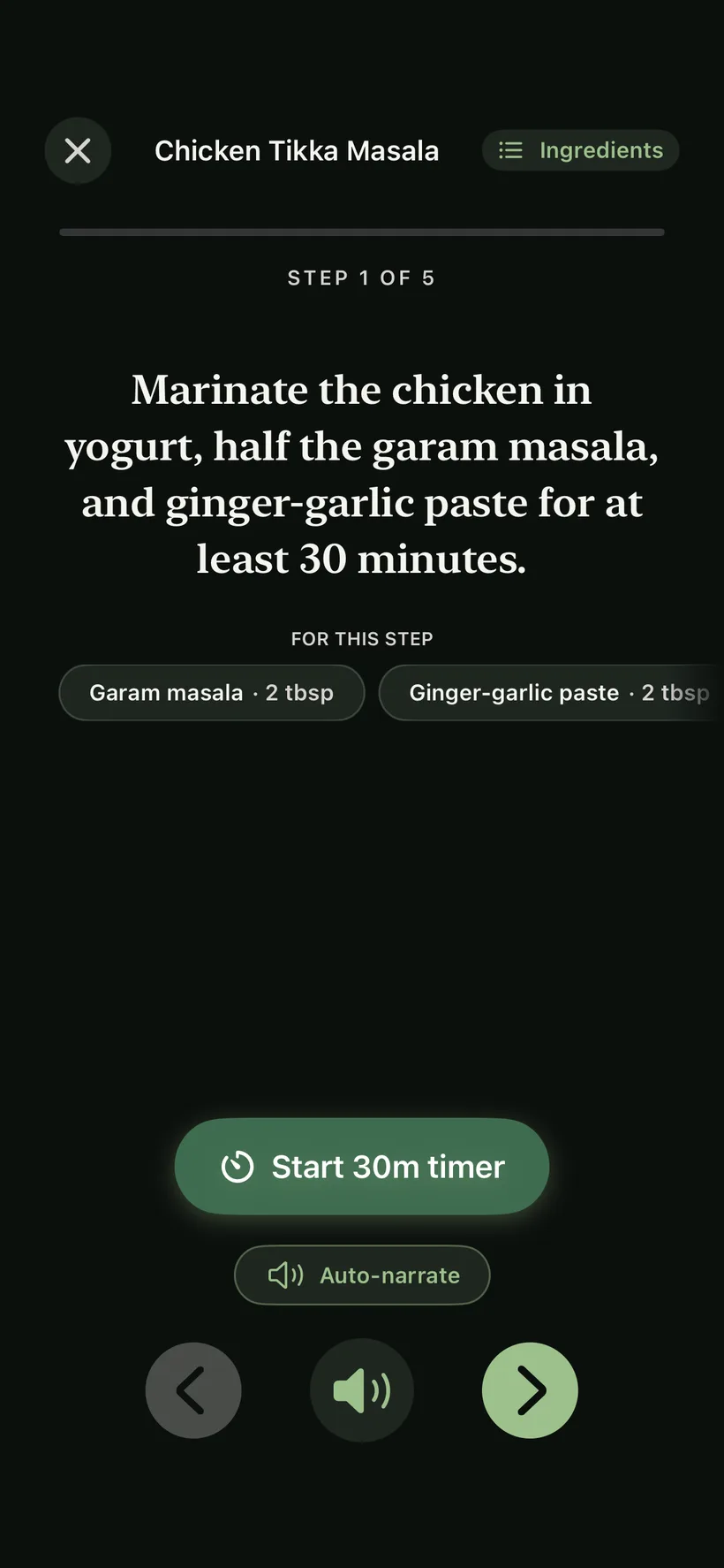 SeeMeCook Cooking Mode showing one step at a time